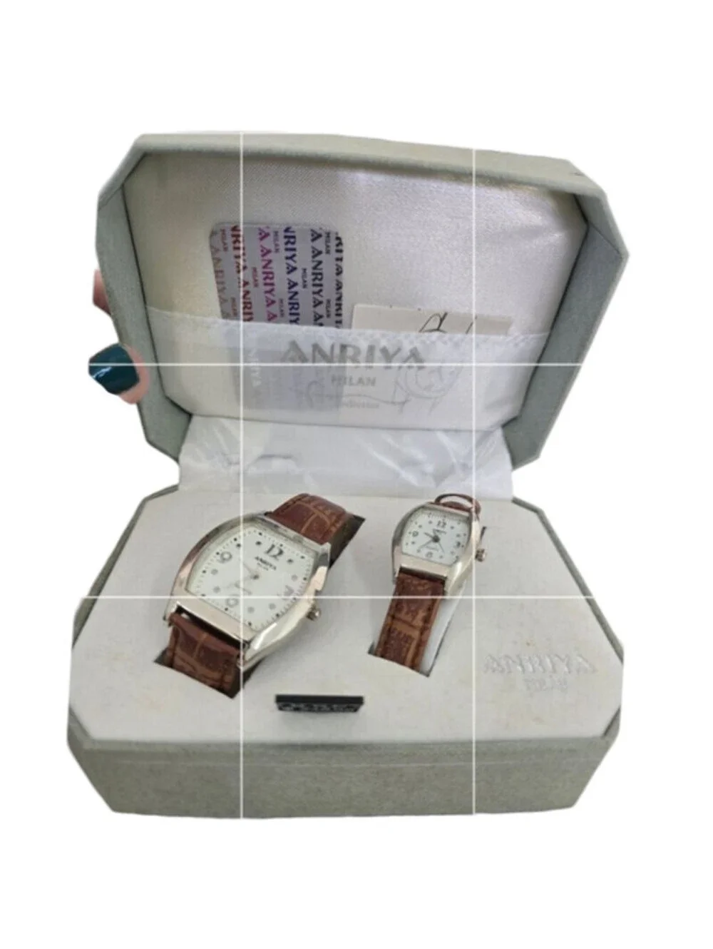 Anriya Milan Mens Womens Matching Watch Set Brown Leather Bands Vintage